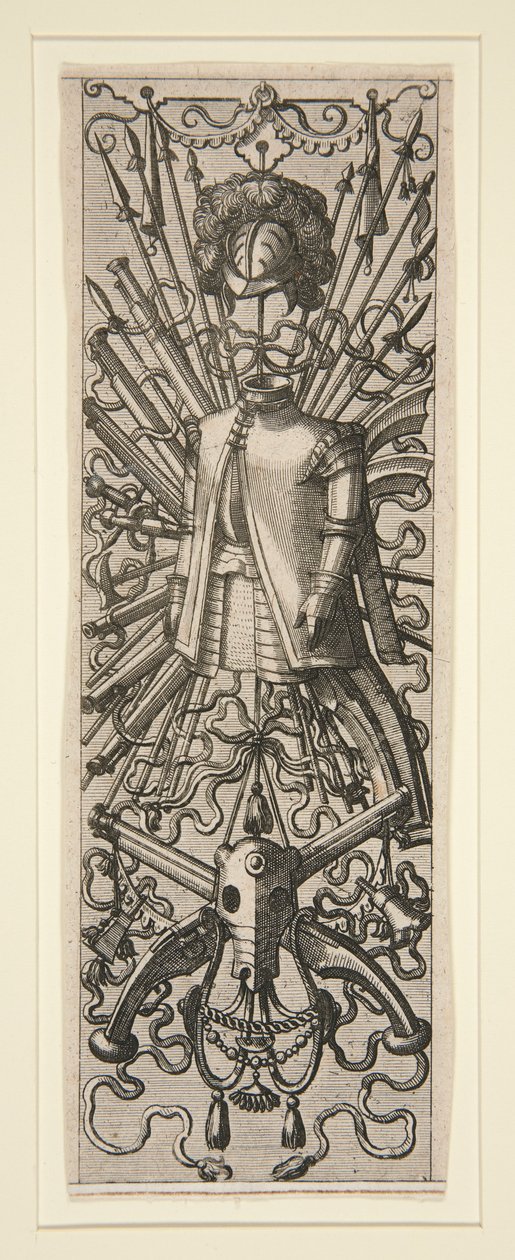 Een blad uit een set van 16 paneeldecoraties en friezen met trofeeën door Hans Vredeman de Vries