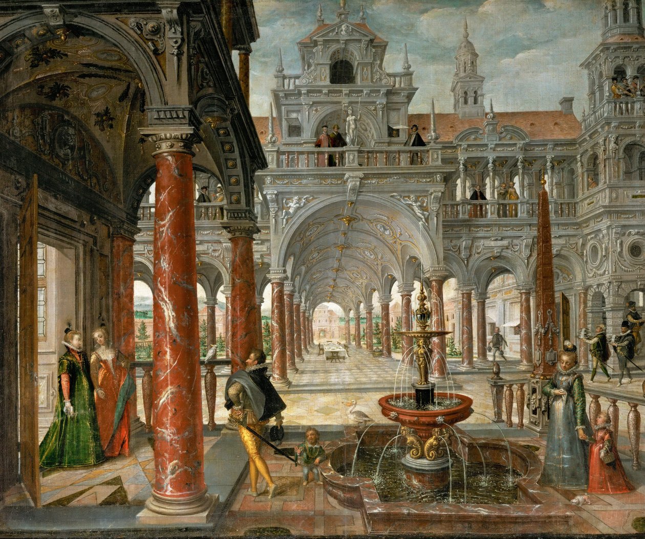 Paleis met voorname bezoekers door Hans Vredeman de Vries