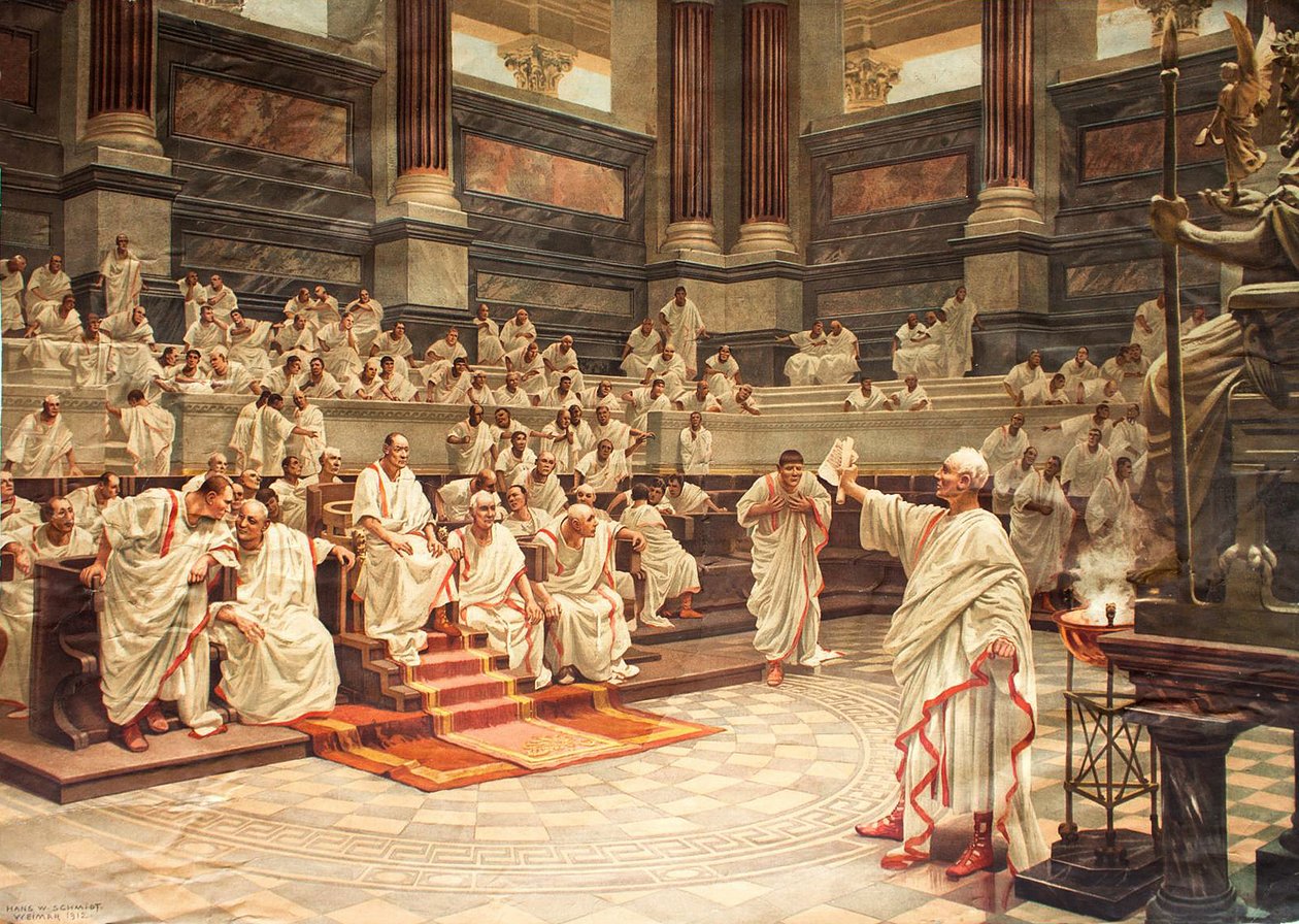 Cicero in de Senaat beschuldigt Catilina (108-62 v.Chr.) van samenzwering, 21 oktober 63 v.Chr. - chromolithografie door Hans W. Schmidt