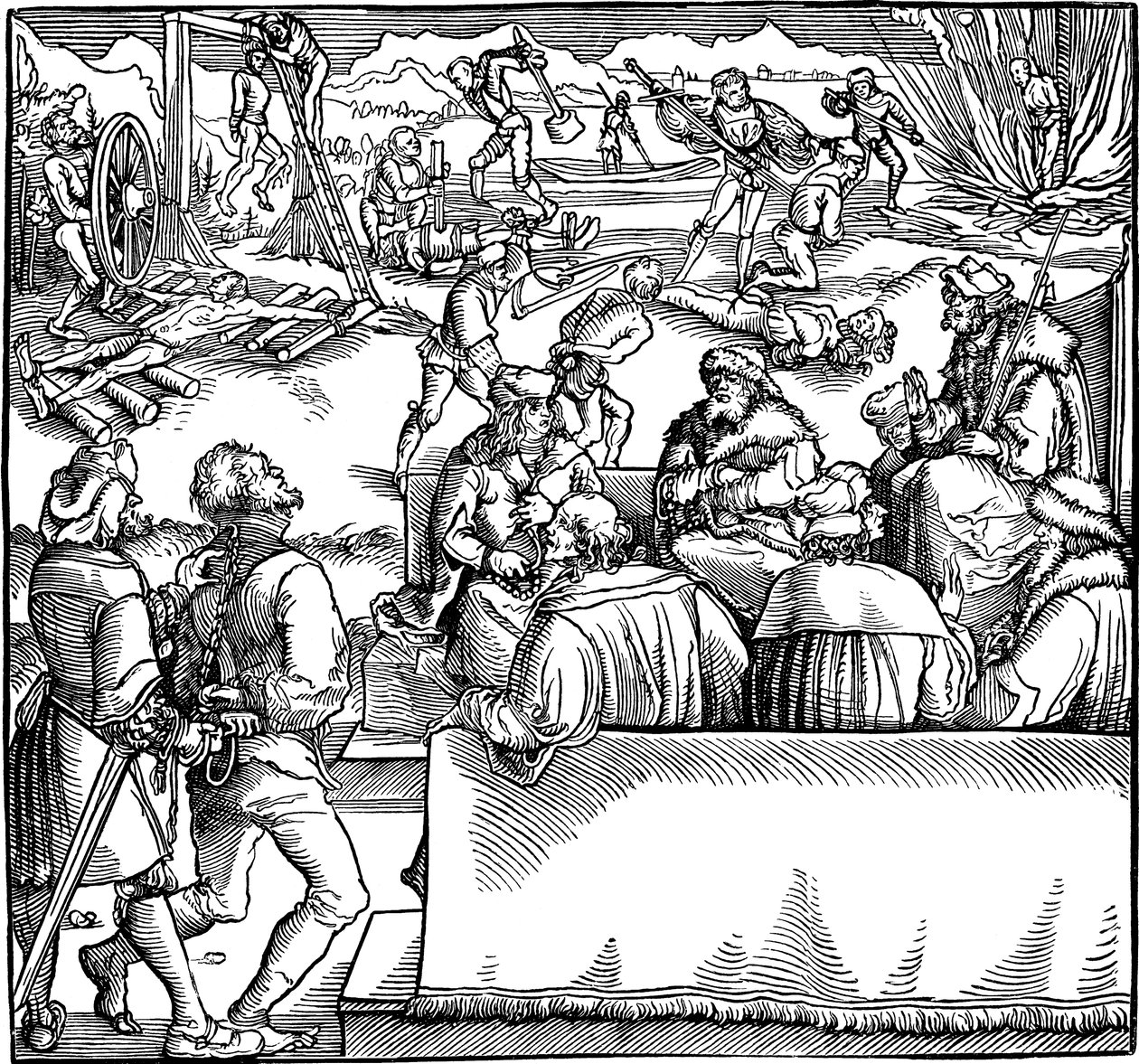 Rechtszitting. Illustratie uit het boek Phisicke Against Fortune door Petrarca, 1532 door Hans Weiditz the Younger