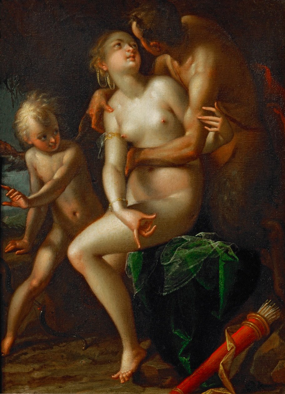 Jupiter, Antiope en Amor ... door Hans von Aachen