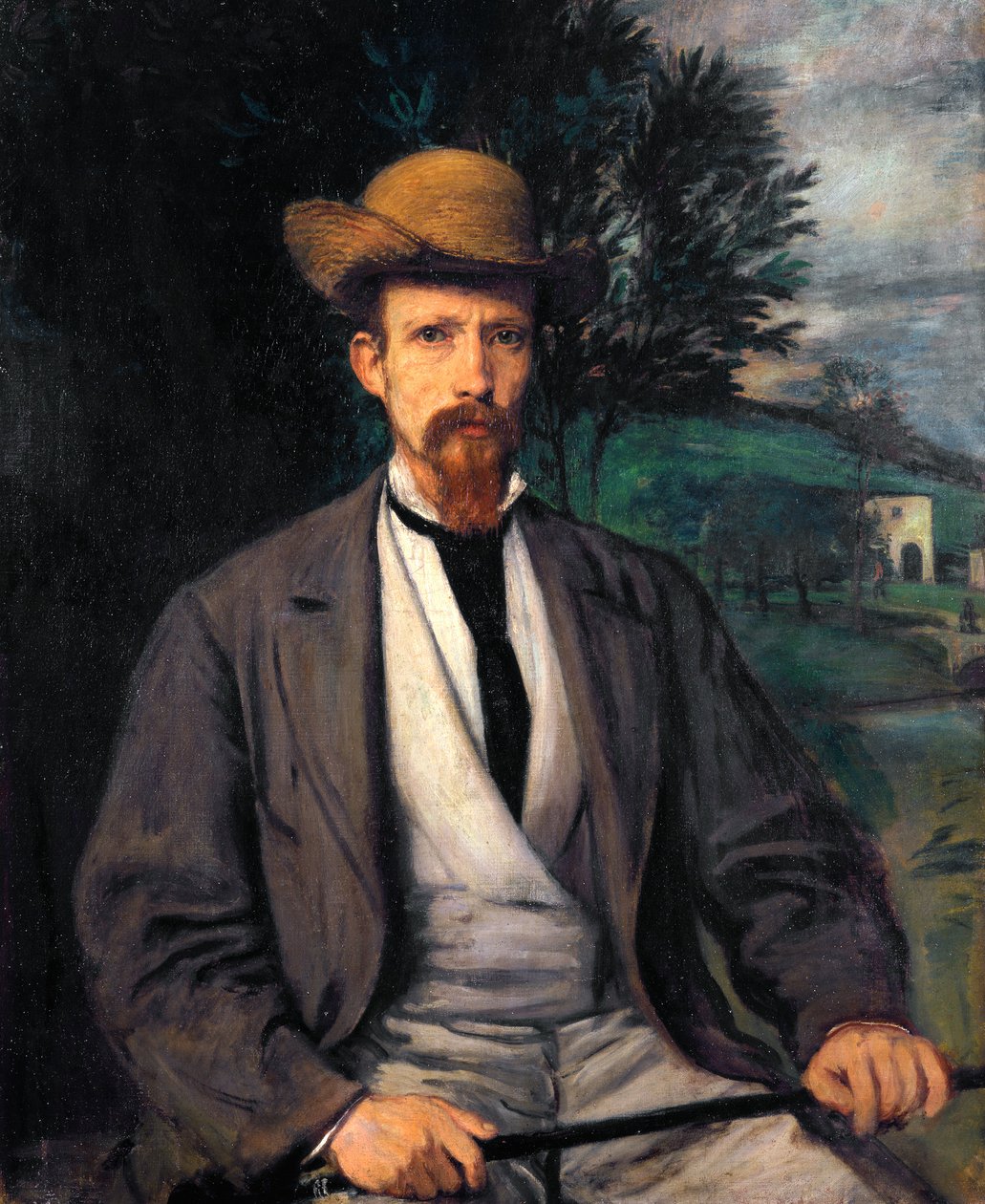 Zelfportret met gele hoed door Hans von Marées