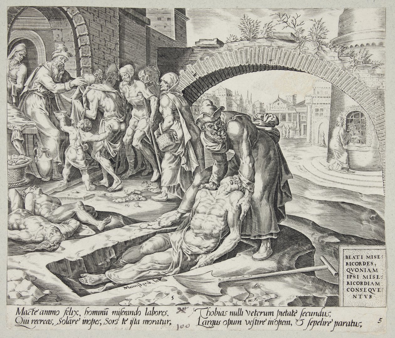 Zalig zijn de barmhartigen. Tobit begraaft de doden, kleedt de naakten en voedt de hongerigen door Harmen Jansz. Muller
