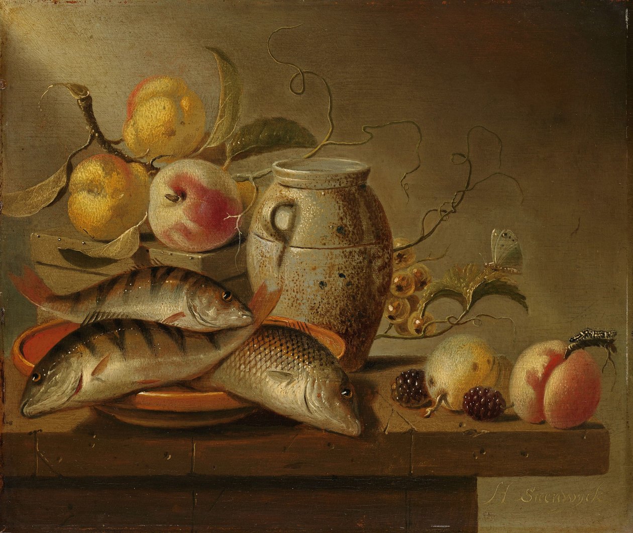 Stilleven met aardewerken pot, vis en fruit door Harmen Steenwijck
