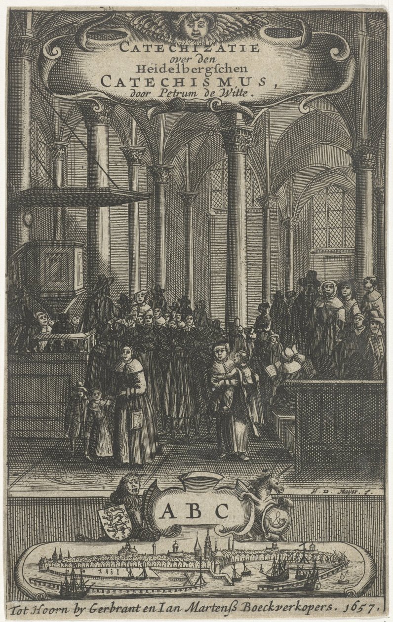 Kerkinterieur Titelpagina voor: P. de Witte, Catechizatie over den Heidelbergschen catechismus, 1657 door Harmen de Mayer