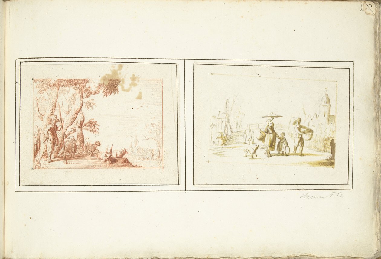 Herder met zijn vee en Straatscène door Harmen ter Borch (signed by artist)