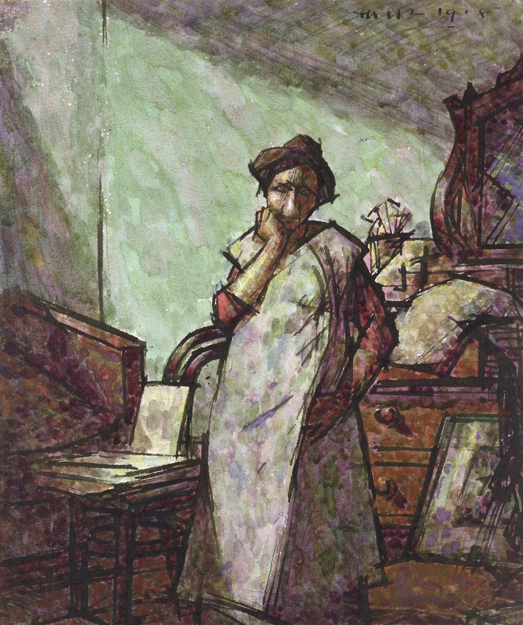 Interieur met mevrouw Mounter in een overall, 1 december 1918 door Harold Gilman