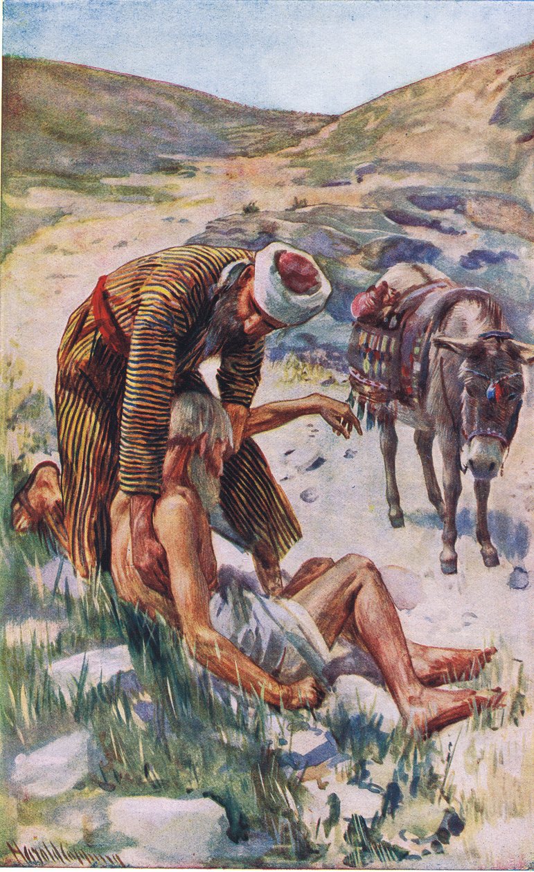 De barmhartige Samaritaan, illustratie uit Harold Copping Pictures: The Crown Series, ca. 1920 door Harold Copping