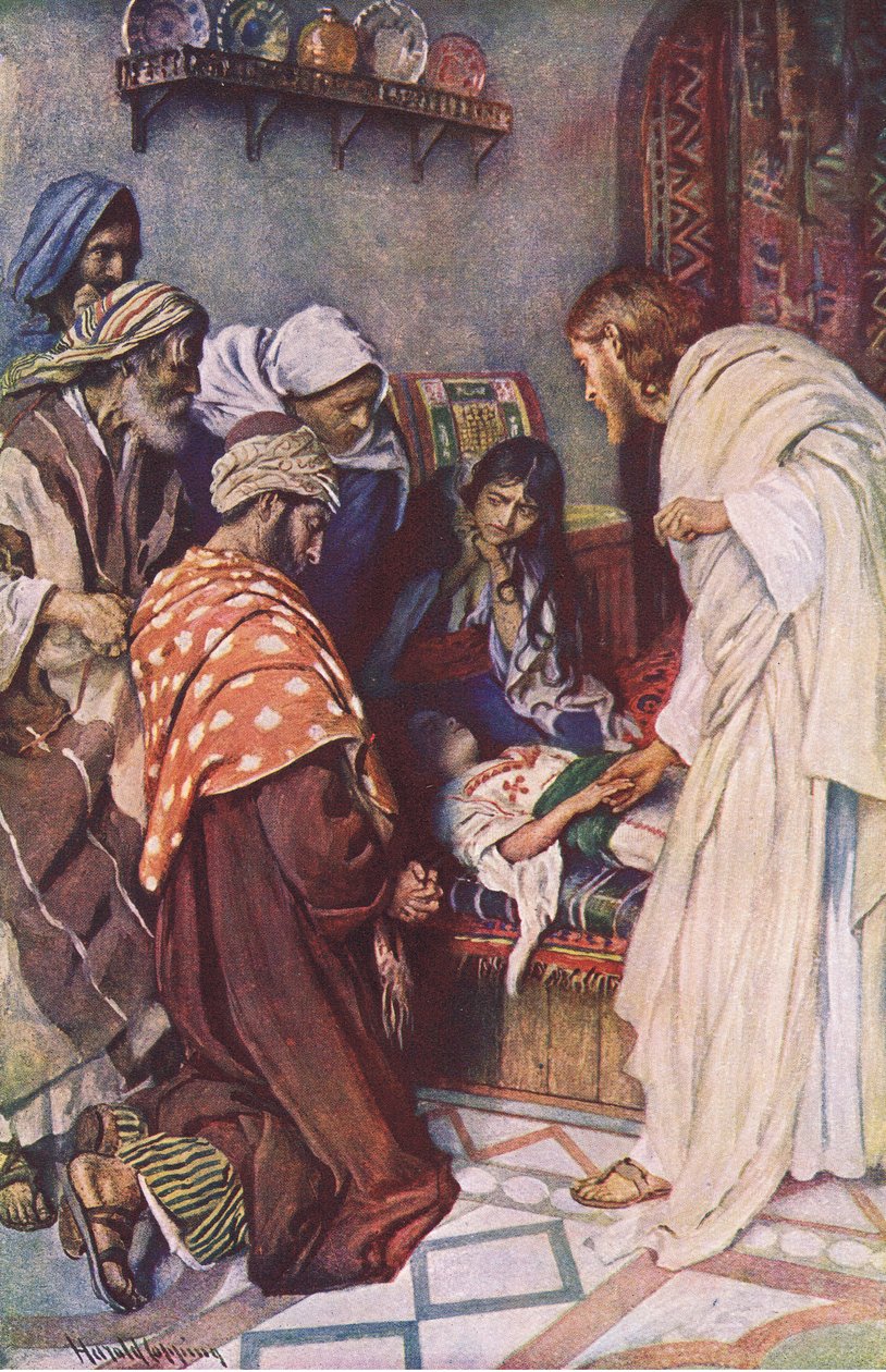 De opwekking van de dochter van Jairus, illustratie uit Harold Copping Pictures: The Crown Series, ca. 1920s door Harold Copping