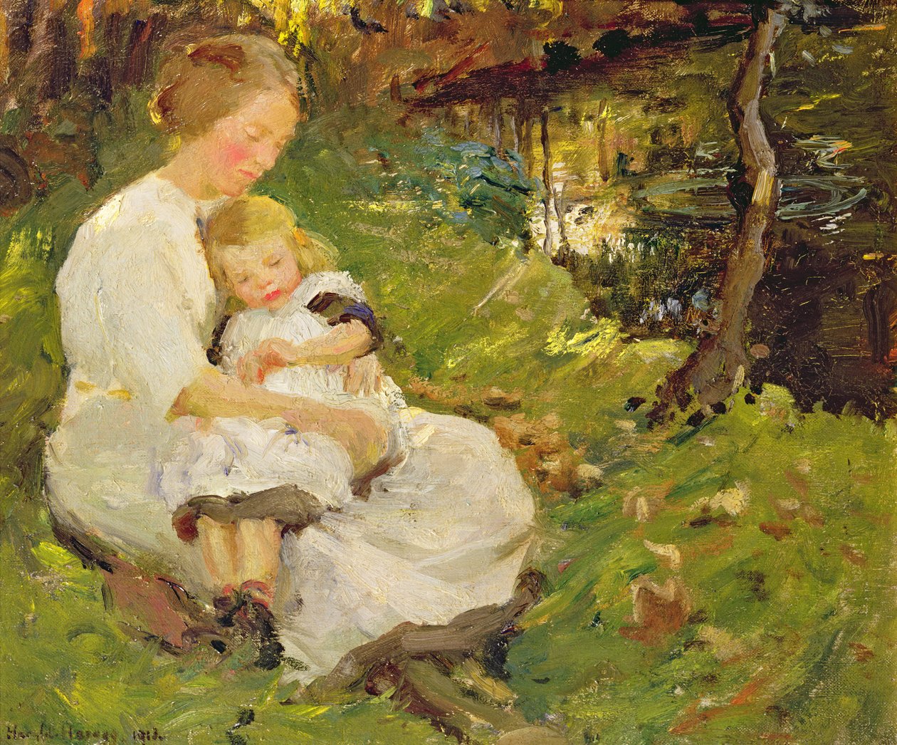 Moeder en Kind in een Bebost Landschap door Harold Harvey