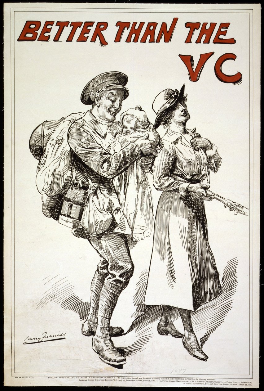 Beter dan het VC (Victoria Cross) - Poster met een soldaat die een baby vasthoudt, terwijl hij zijn vrouw volgt, 1918 door Harry Furniss