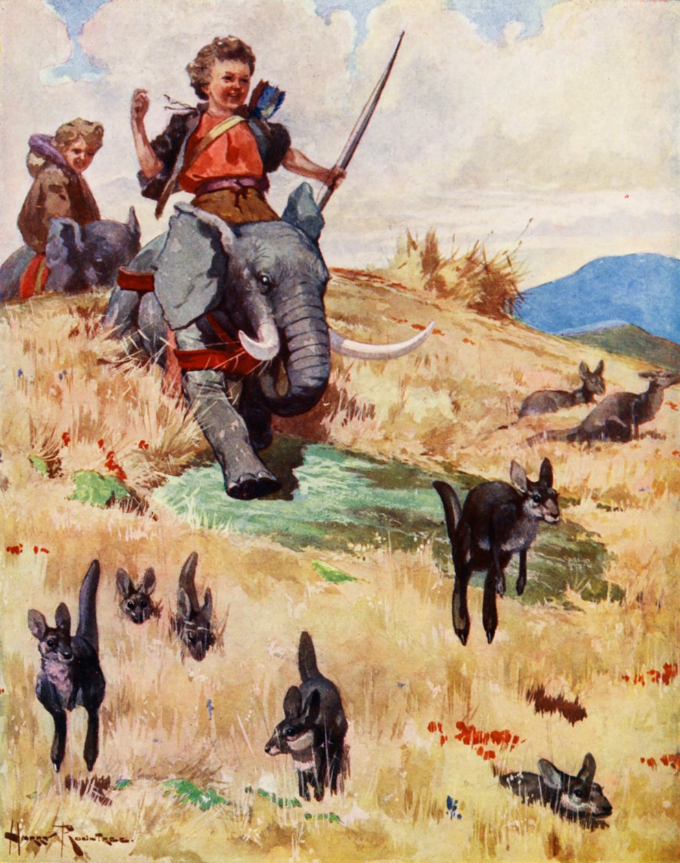 Jacht op de kangoeroes (kleurenlitho) door Harry (1878-1950) Rountree