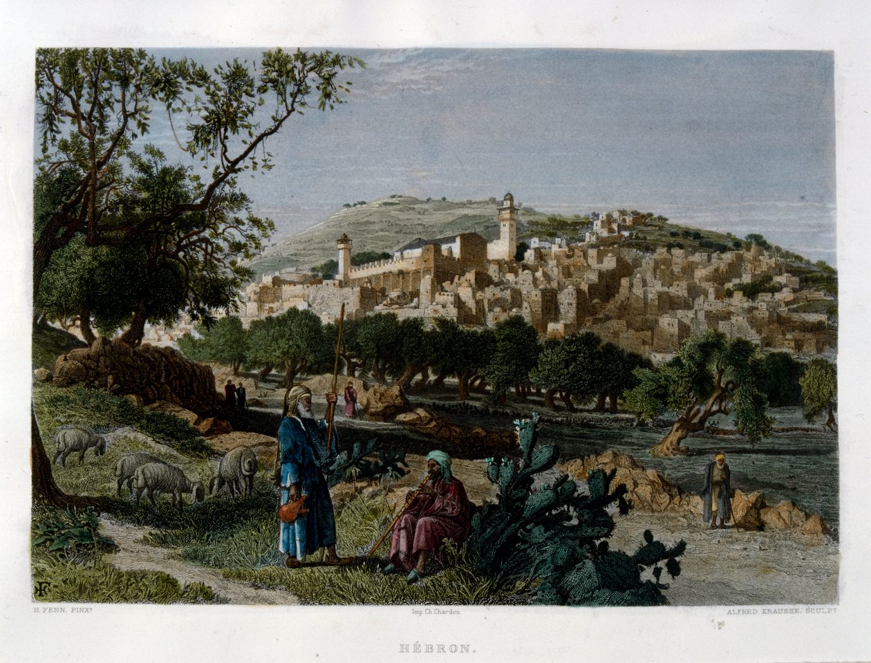 Hebron, gegraveerd door Alfred Krausse naar een afbeelding van Harry Fenn, gepubliceerd in Picturesque Palestine, circa 1875 door Harry ) Fenn
