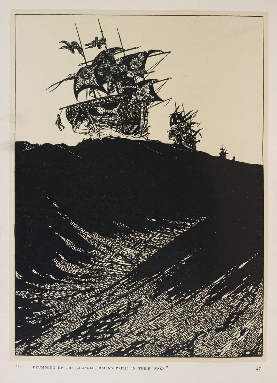 Een ballade van de kapiteins. "... trommelend door het kanaal,
 prijzen in hun kielzog slepend" door Harry Clarke