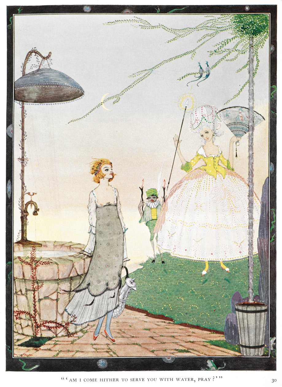 "Ben ik hier gekomen om u water te brengen, bid ik?" Illustratie voor het verhaal, "de fee". Een jonge vrouw ontmoet een fee die eruitziet als een goedgeklede dame door Harry Clarke