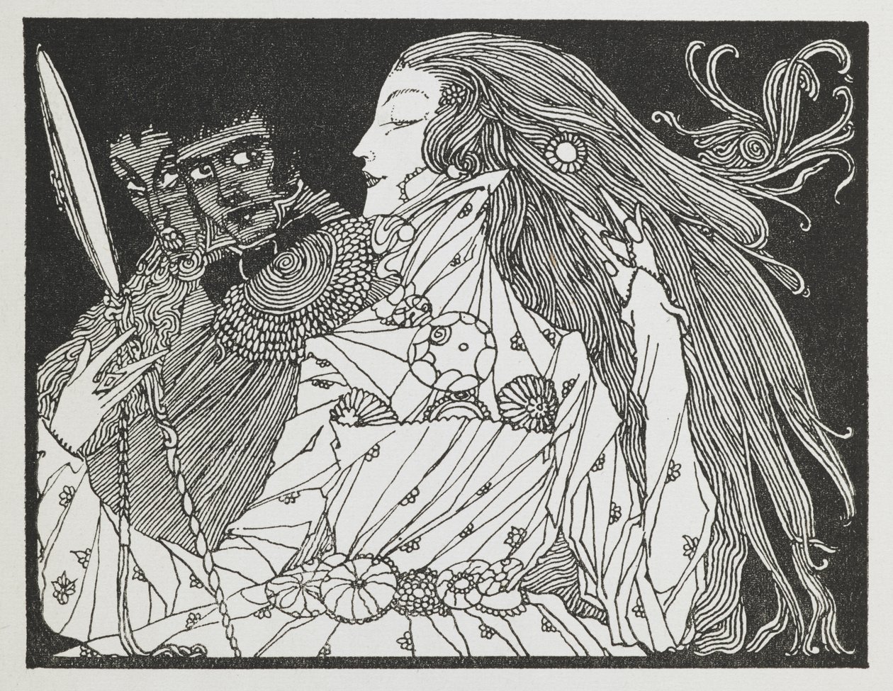 Een vrouw die naar haar spiegelbeeld in een handspiegel kijkt. door Harry Clarke