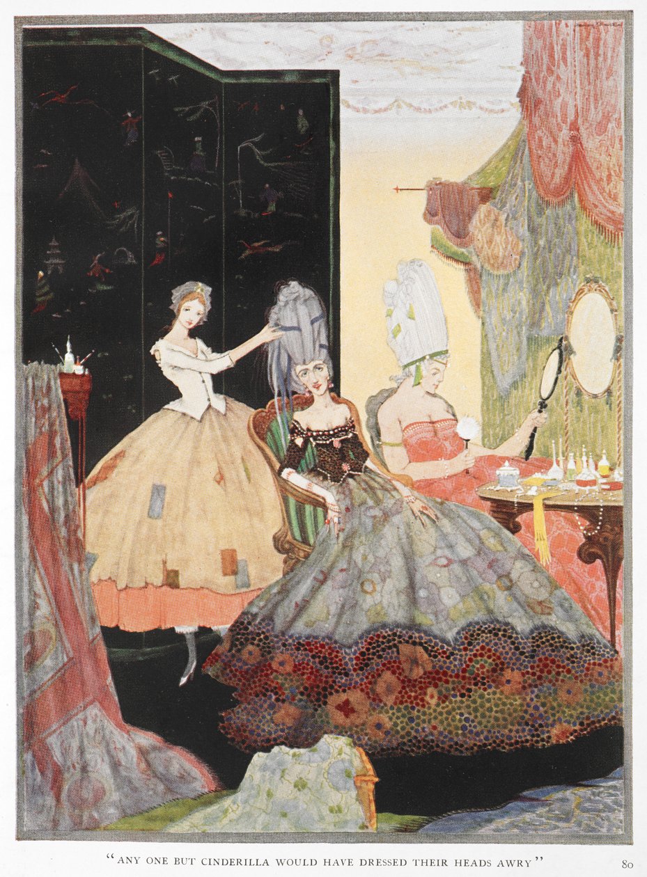 Iedereen behalve Assepoester zou hun haar verkeerd hebben gedaan, maar zij was heel goed en kleedde hen perfect aan. Assepoester helpt twee van haar zussen zich klaar te maken voor de avond. door Harry Clarke