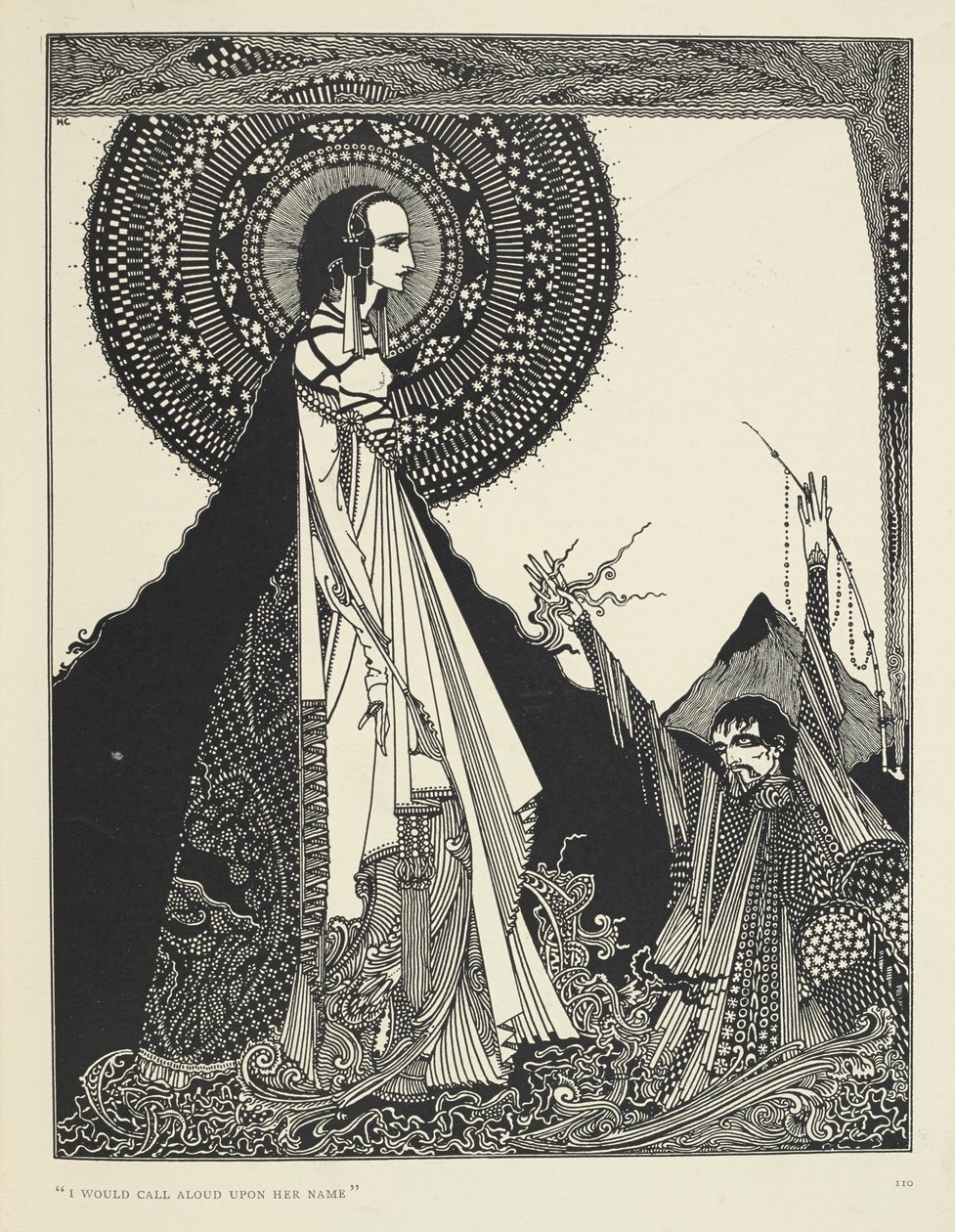 "Ik zou luid haar naam roepen." Illustratie van Ligeia, een kort verhaal. "Ligeia" is een kort verhaal van Edgar Allan Poe. Het verhaal volgt een naamloze verteller en zijn vrouw Ligeia, een mooie en intelligente vrouw met ravenzwart haar. Ze wordt ziek, c door Harry Clarke