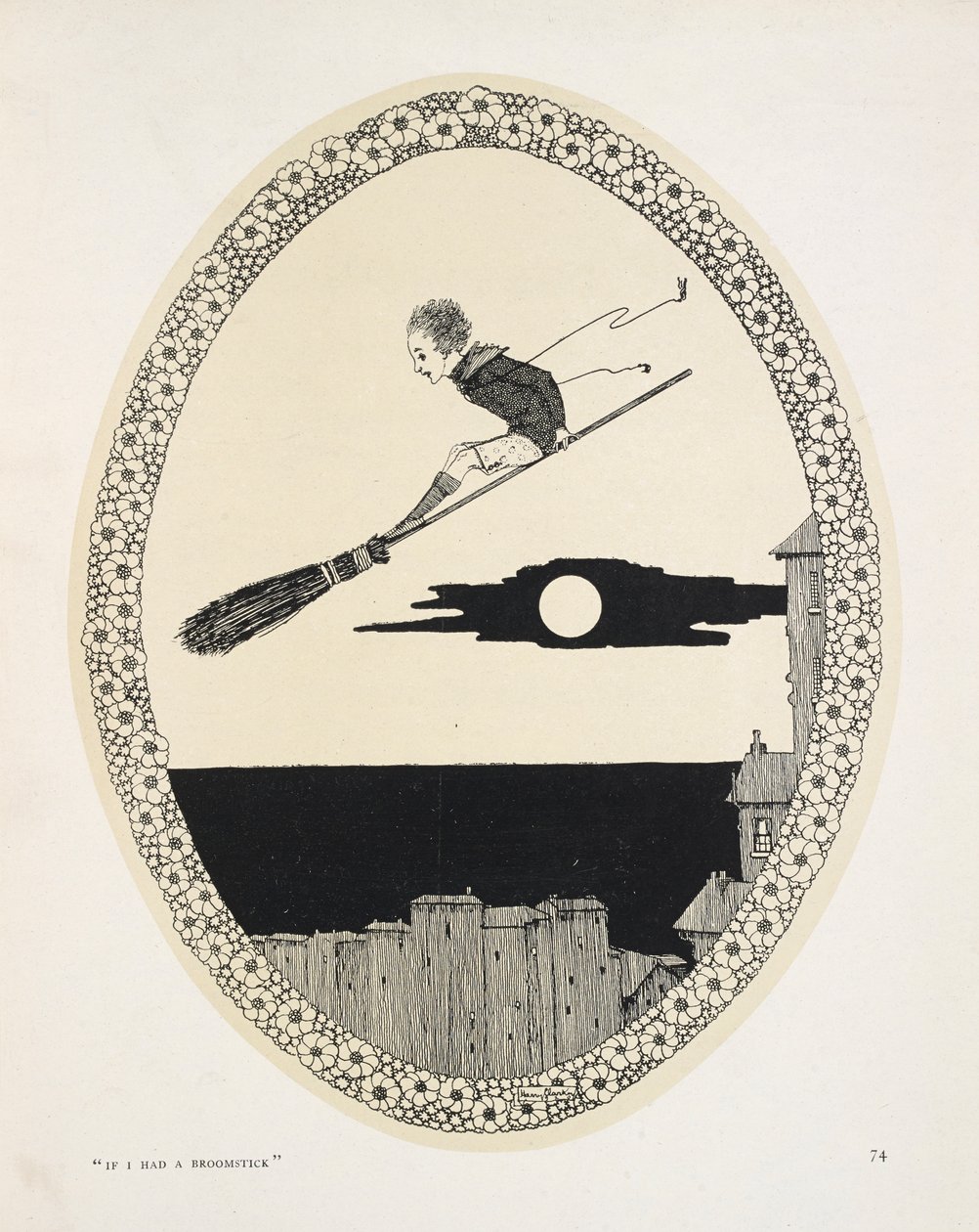 "Als ik een bezemsteel had". Illustratie voor een gedicht door Patrick R. Chalmers.
Een jongen op een bezemsteel door Harry Clarke