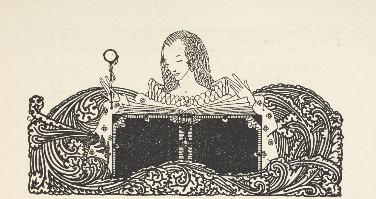Illustratie, toont een vrouw die een boek leest, bovenaan de inhoudsopgave. door Harry Clarke