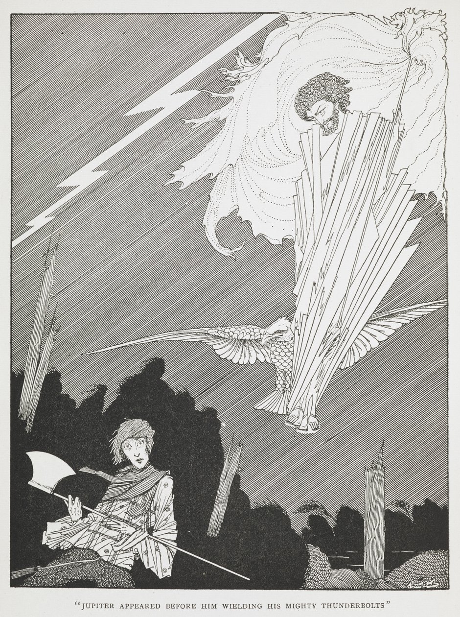 "Jupiter verscheen voor hem met zijn machtige bliksemschichten." Illustratie voor "de belachelijke wensen." door Harry Clarke