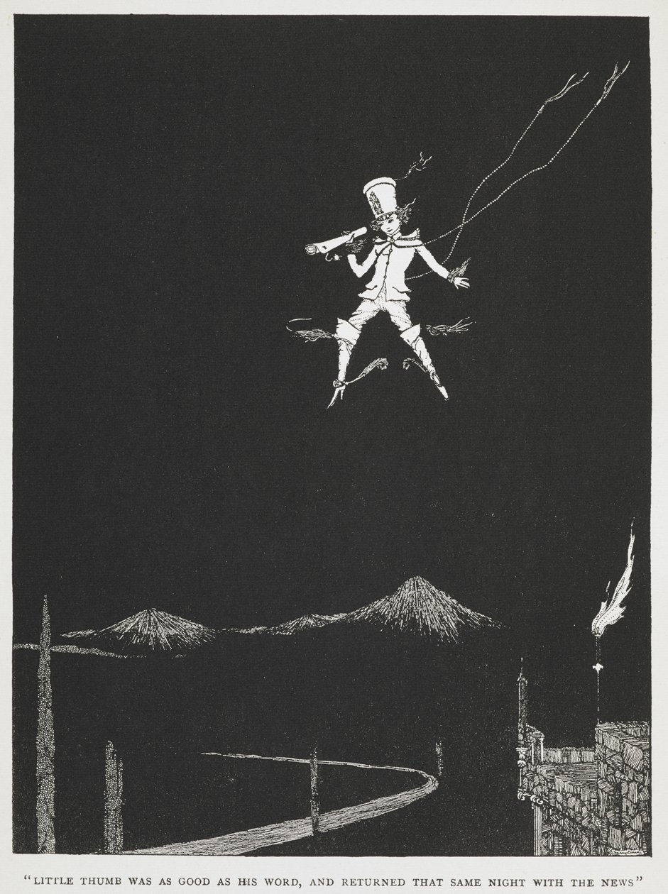 "Klein Duimpje hield woord en keerde diezelfde nacht terug met het nieuws." Een boodschapper die door de nachtelijke hemel vliegt. Illustratie voor het verhaal, "Klein Duimpje." door Harry Clarke