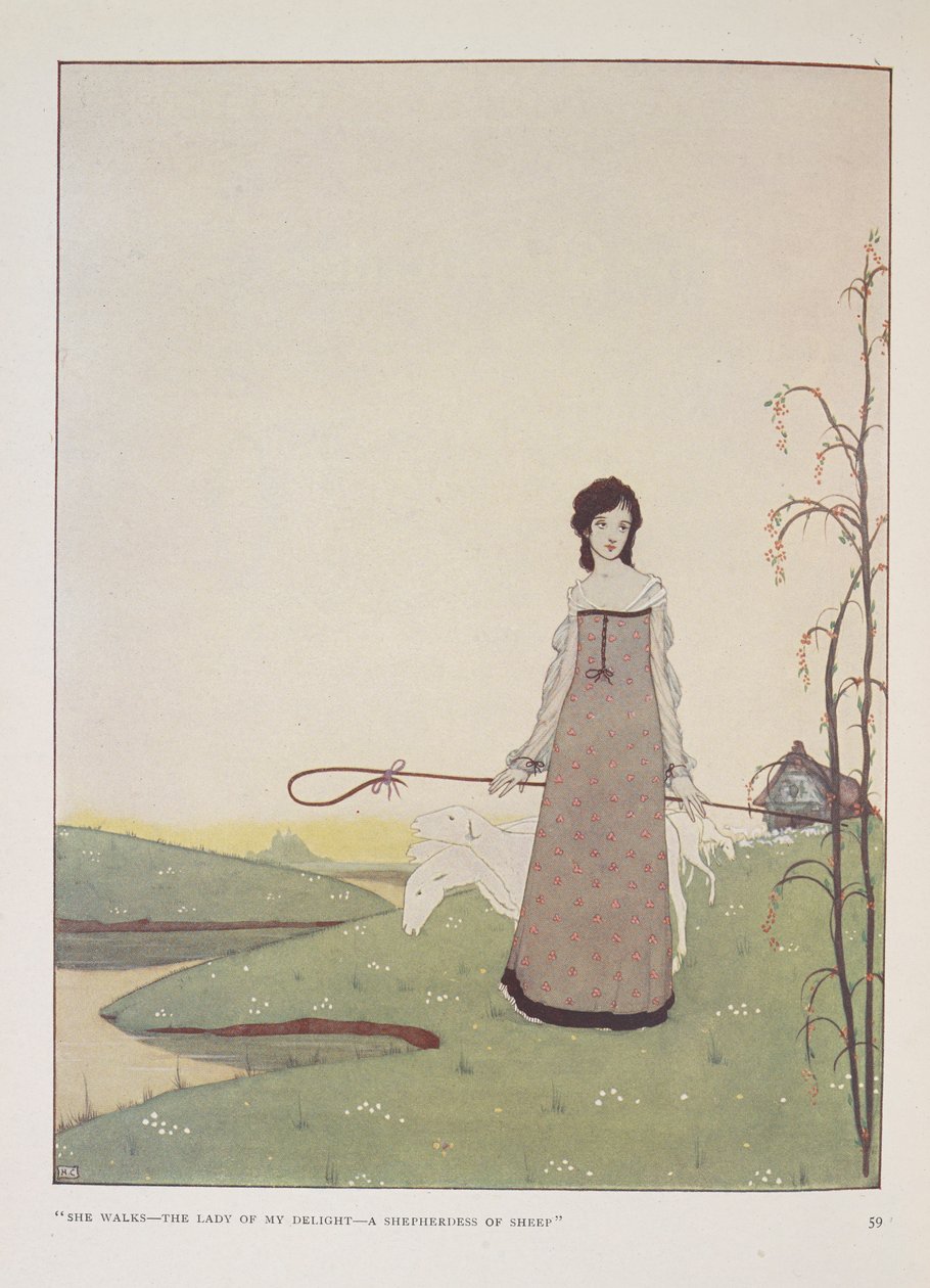 "Ze wandelt - de dame van mijn vreugde - een herderin van schapen." Illustratie voor De herderin door Alice Meynell. door Harry Clarke