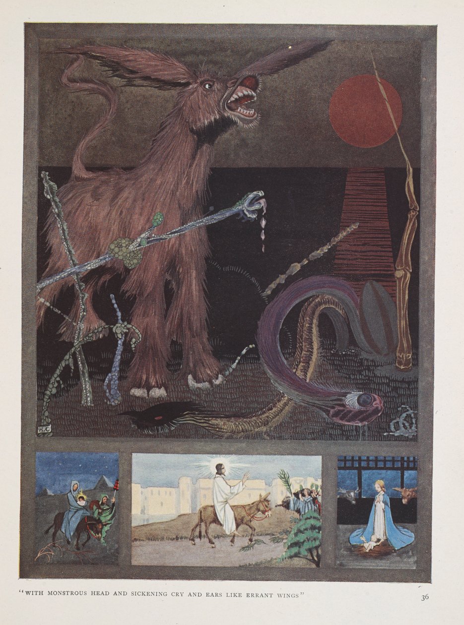 De Ezel. "Met monsterlijke kop en misselijkmakende kreet en oren als dwalende vleugels" door Harry Clarke