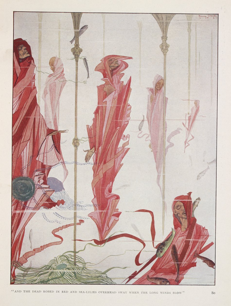 De stervende patriot. "En de doden gehuld in rood en zeelelies boven hun hoofd zwaaien wanneer de lange winden waaien" door Harry Clarke