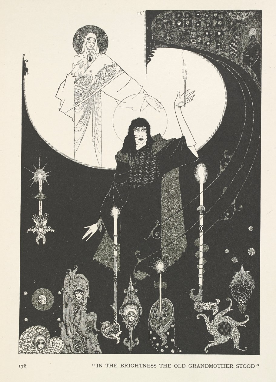 Het meisje met de zwavelstokjes. In de helderheid stond de oude grootmoeder door Harry Clarke