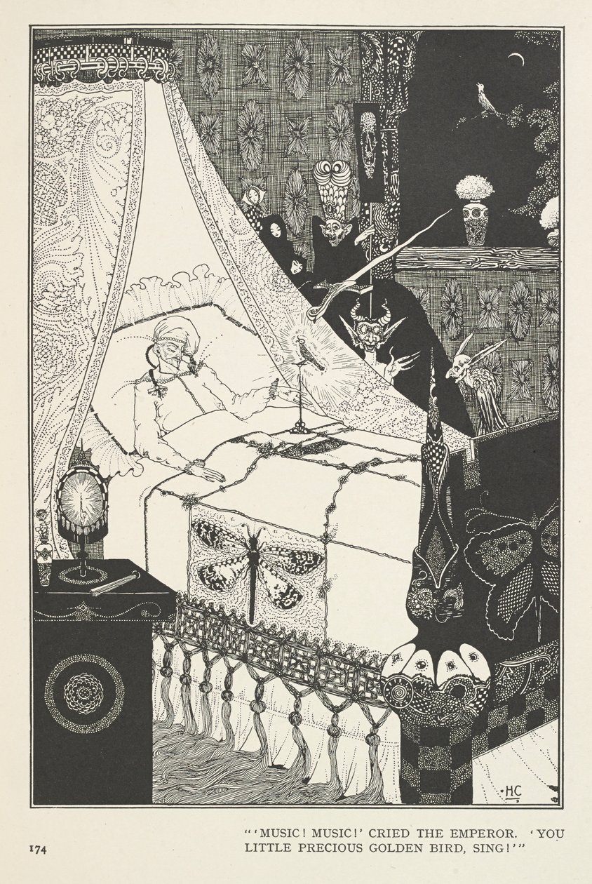 De Nachtegaal. "Muziek! Muziek!" riep de Keizer. "Jij kleine kostbare gouden vogel, zing!" door Harry Clarke