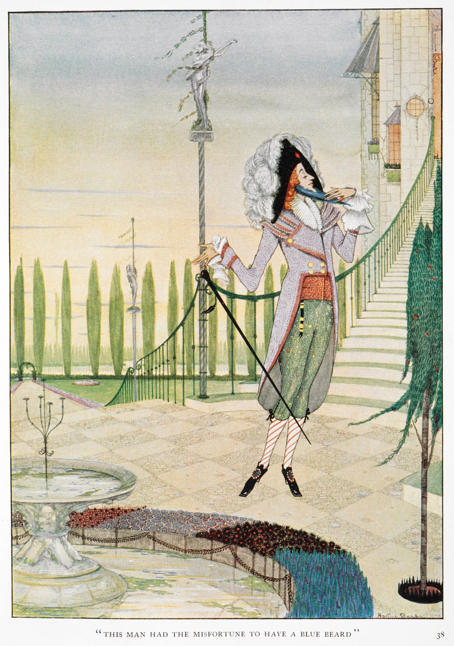 Deze man had het ongeluk een Blauwe Baard te hebben. Blauwbaard streelt zijn baard. door Harry Clarke