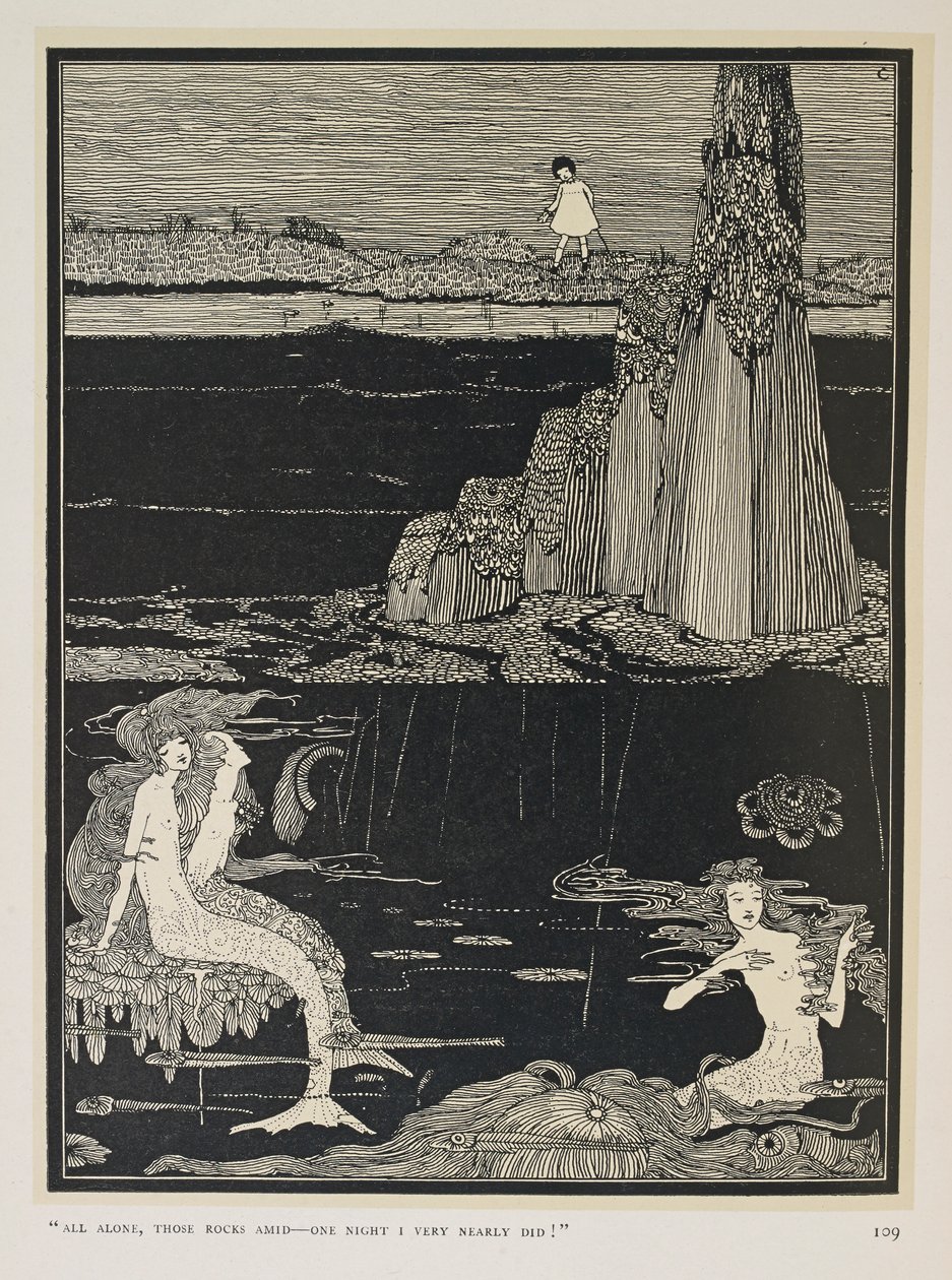 Bijna! "Helemaal alleen, die rotsen te midden - op een nacht was ik er bijna!" Drie zeemeerminnen door Harry Clarke