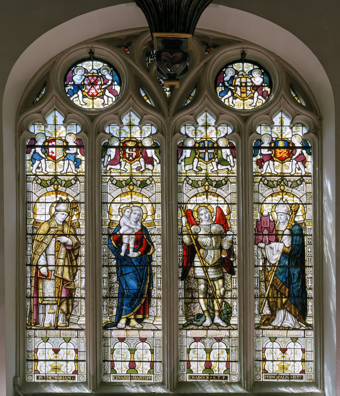 Oxford, Brasenose College Chapel, James Powell & Sons, Harry Ellis Wooldridge, St Cedda, Madonna & Kind, St Michael, St Hugh door Harry Ellis Wooldridge