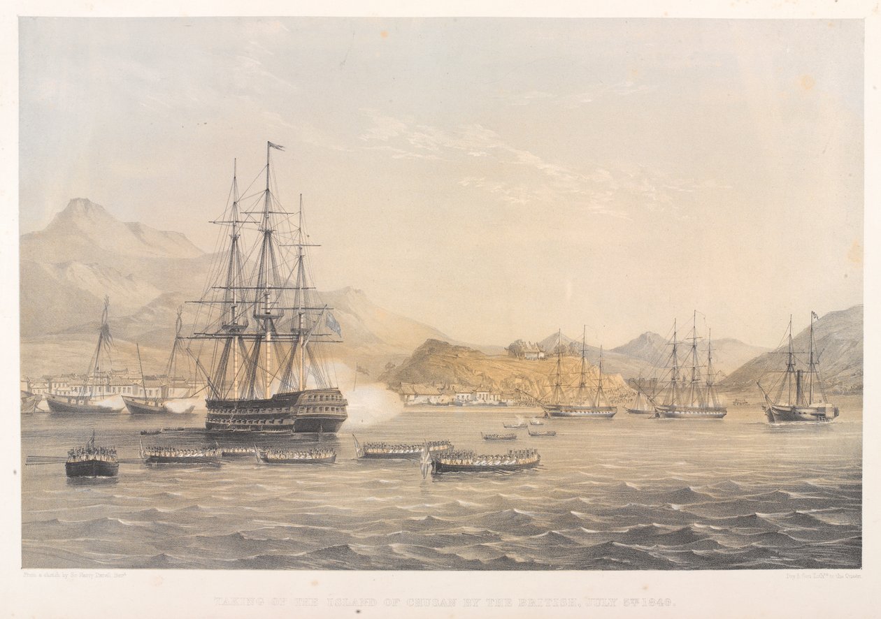 De verovering van het eiland Chusan door de Britten, 5 juli 1840 (gekleurde lithografie) door Harry Francis Darell