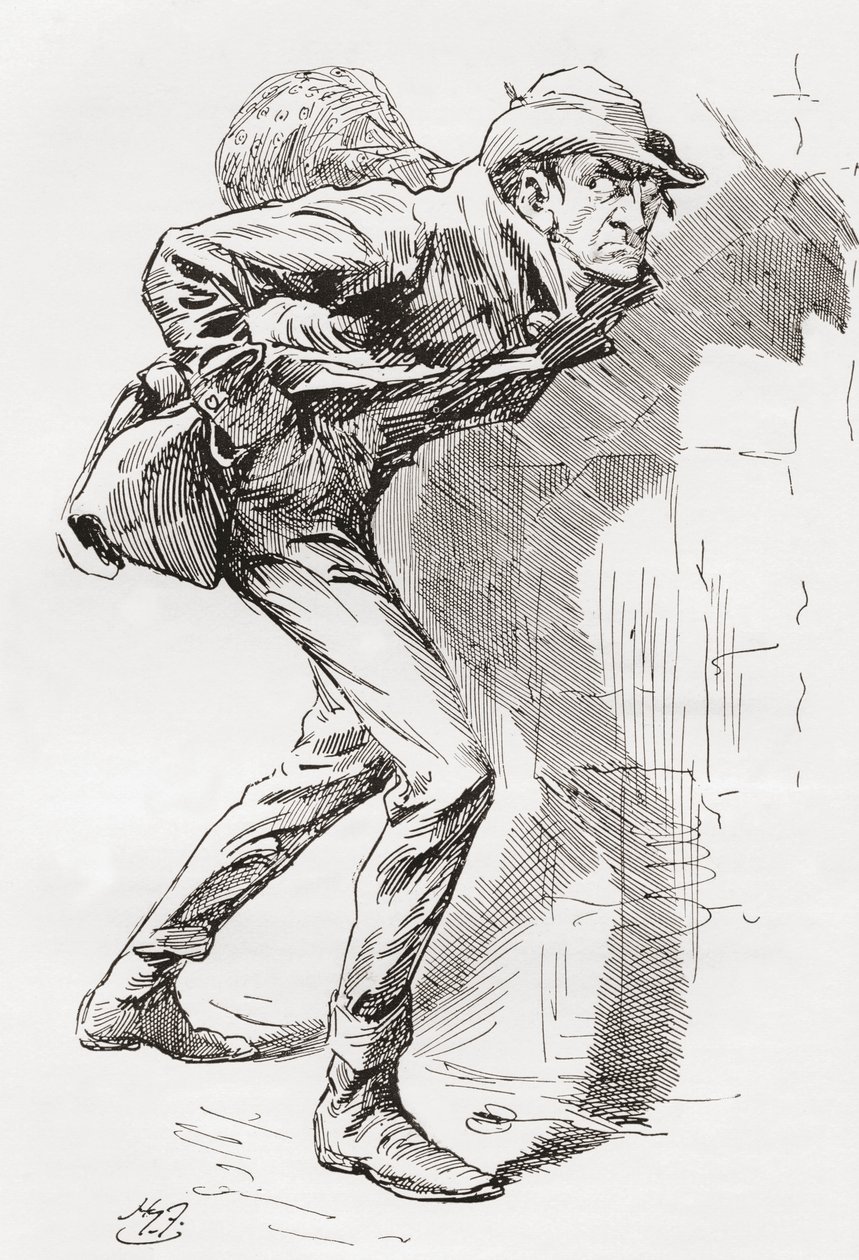 Dolge Orlick. Illustratie door Harry Furniss voor de roman Great Expectations van Charles Dickens, uit The Testimonial Edition uitgegeven 1910. door Harry Furniss