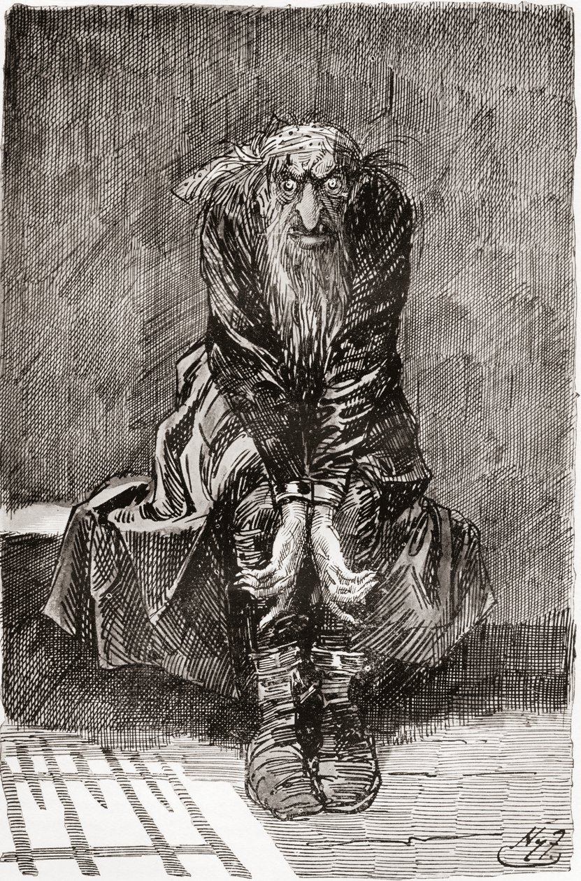 Fagin in de veroordeelde cel. "Hij ging zitten op een stenen bank tegenover de deur, die diende als zitplaats en bed, en wierp zijn bloeddoorlopen ogen op de grond, probeerde zijn gedachten te verzamelen." Illustratie door Harry Furniss voor de roman van C door Harry Furniss