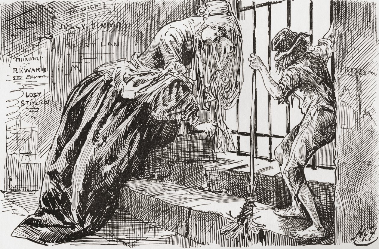 Lady Dedlock en Jo. "Hij werd daar neergezet," zegt Jo, terwijl hij zich aan de tralies vasthoudt en naar binnen kijkt, terwijl Lady Dedlock in een hoek wegkruipt. Illustratie door Harry Furniss voor de roman Bleak House van Charles Dickens, uit The Testim door Harry Furniss