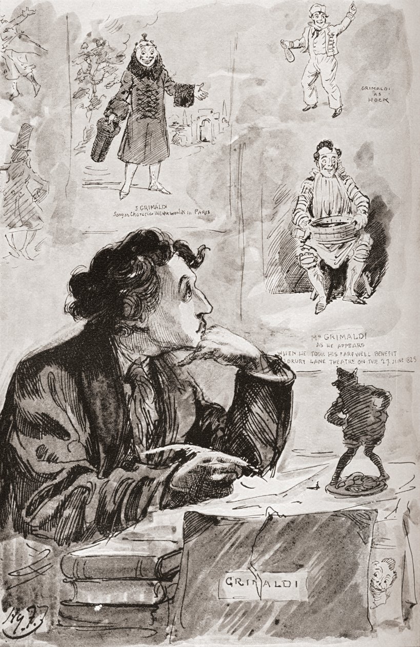 Herinneringen aan Grimaldi. Illustratie voor de roman Memoirs of Joseph Grimaldi van Charles Dickens, uit The Testimonial Edition gepubliceerd in 1910. door Harry Furniss