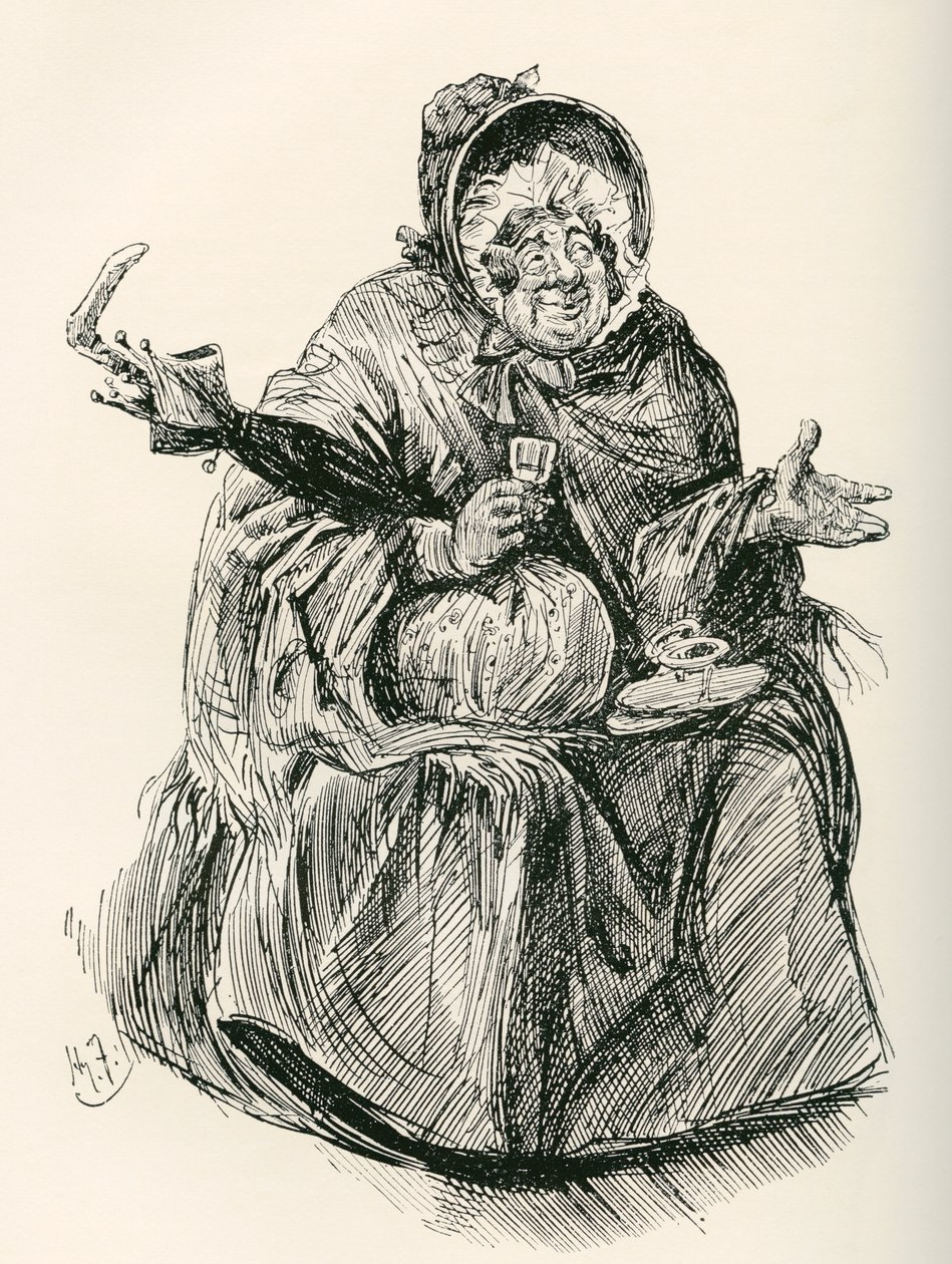 Mrs. Gamp. Illustratie voor de roman Martin Chuzzlewit van Charles Dickens, uit The Testimonial Edition, gepubliceerd in 1910. door Harry Furniss