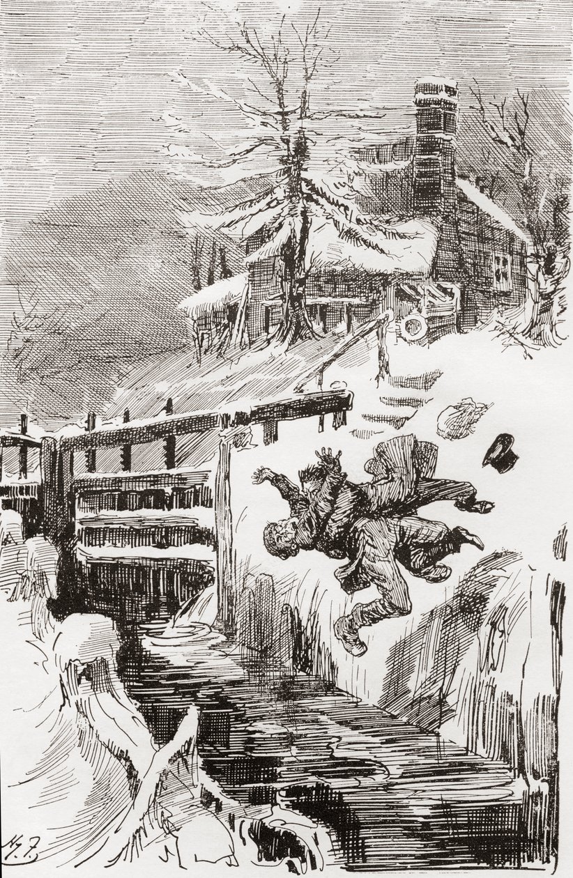 De Doodsstrijd in het Slot. "Heb ik je niet verteld." "Ik zal je levend vasthouden, en ik zal je dood vasthouden," riep Bradley, terwijl Riderhood achterover over de gladde put ging, en Bradley Headstone op hem." Illustratie door Harry Furniss voor de roma door Harry Furniss