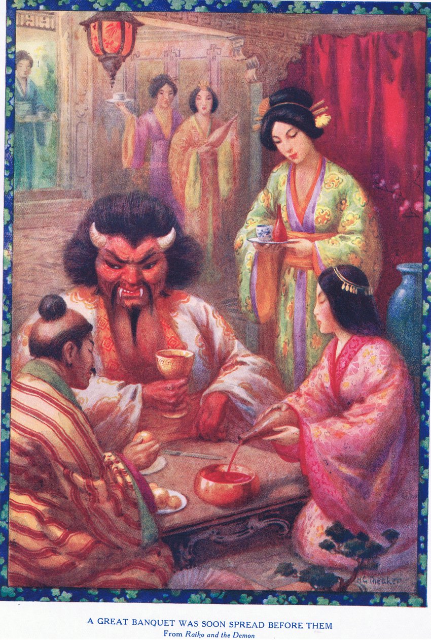 Er werd al snel een groot feestmaal voor hen geserveerd (uit Raiko en de Demon) (litho) door Harry George Theaker