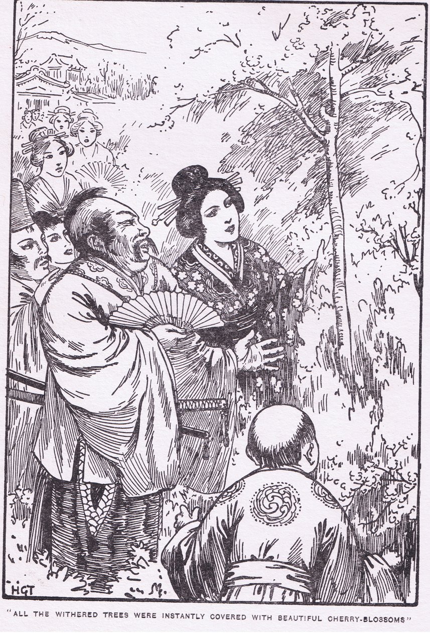 Alle verdorde bomen waren meteen bedekt met prachtige kersenbloesem (The Old Man who made Withered Trees Blossom) (litho) door Harry George Theaker