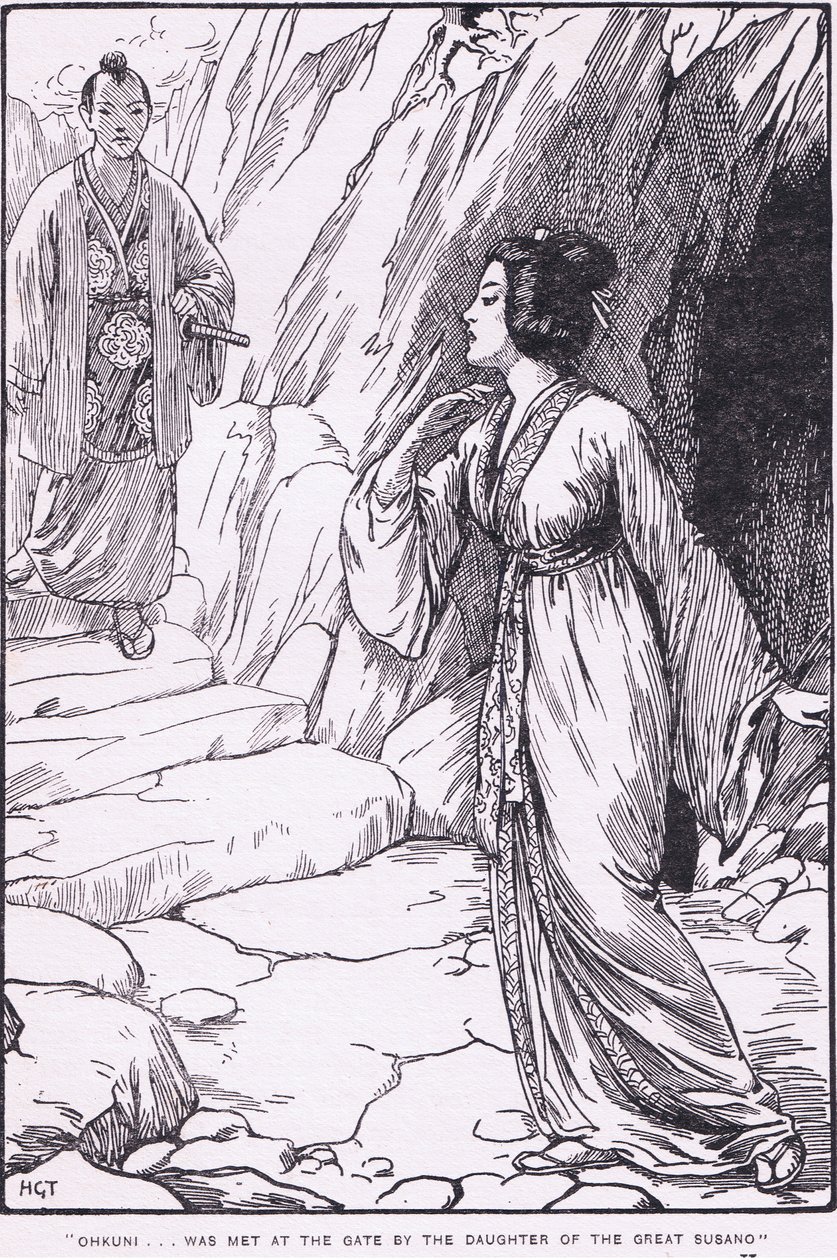 Okhuni werd bij de poort opgewacht door de dochter van de grote Susano (uit Susano en Ohkuni) (litho) door Harry George Theaker