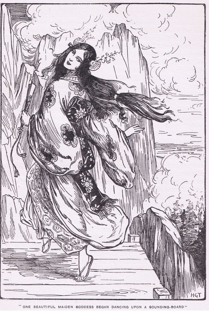 Een mooie meisjesgodin begon te dansen op een klankbord (De Vlakte van de Hoge Hemel) (litho) door Harry George Theaker