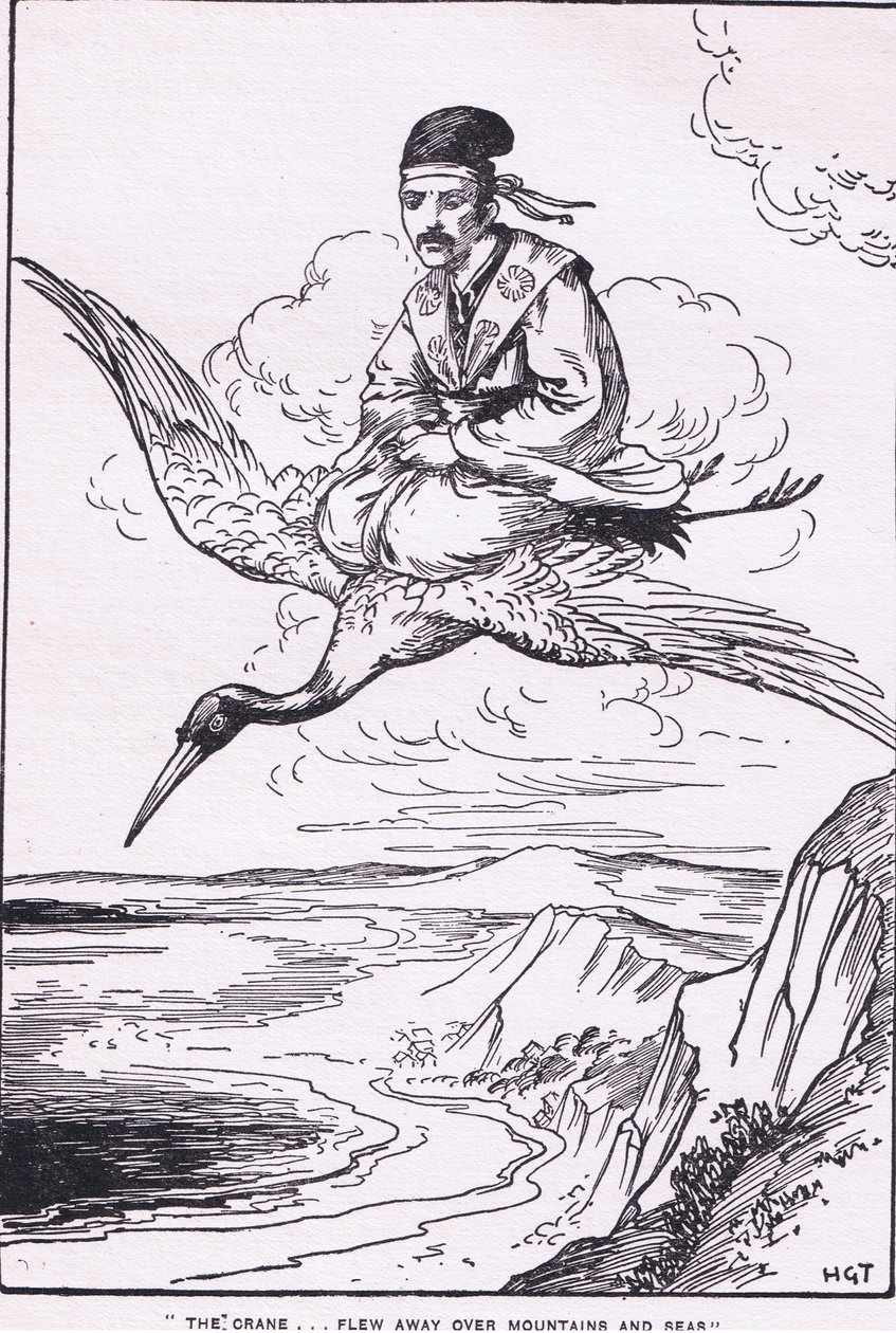 De kraanvogel vloog weg over bergen en zeeën (uit het verhaal van Sentaro) (litho) door Harry George Theaker