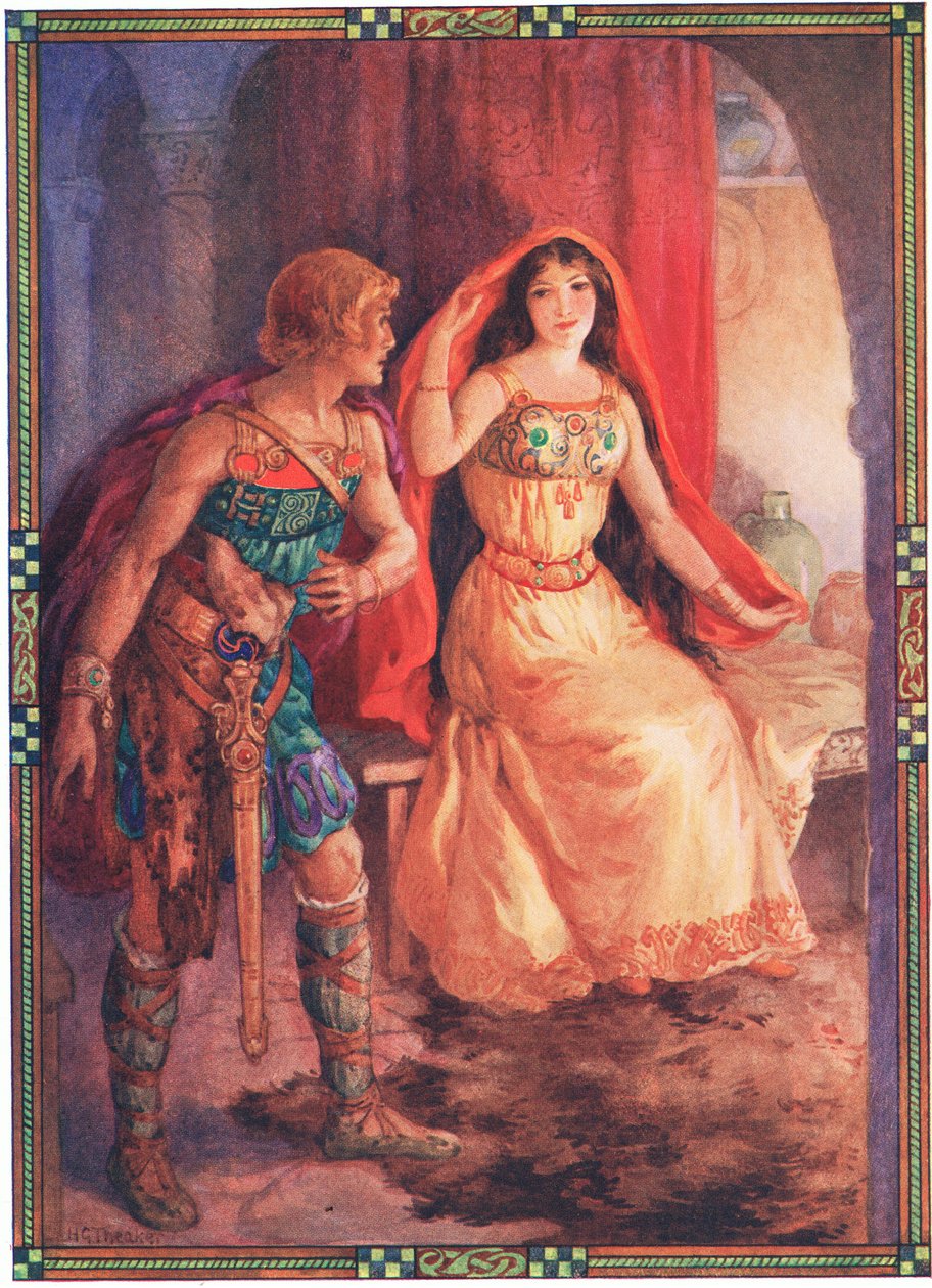 De dame onthulde haar gezicht (uit The Loathly Lady and the Gallant Knight) (kleurenlitho) door Harry George Theaker