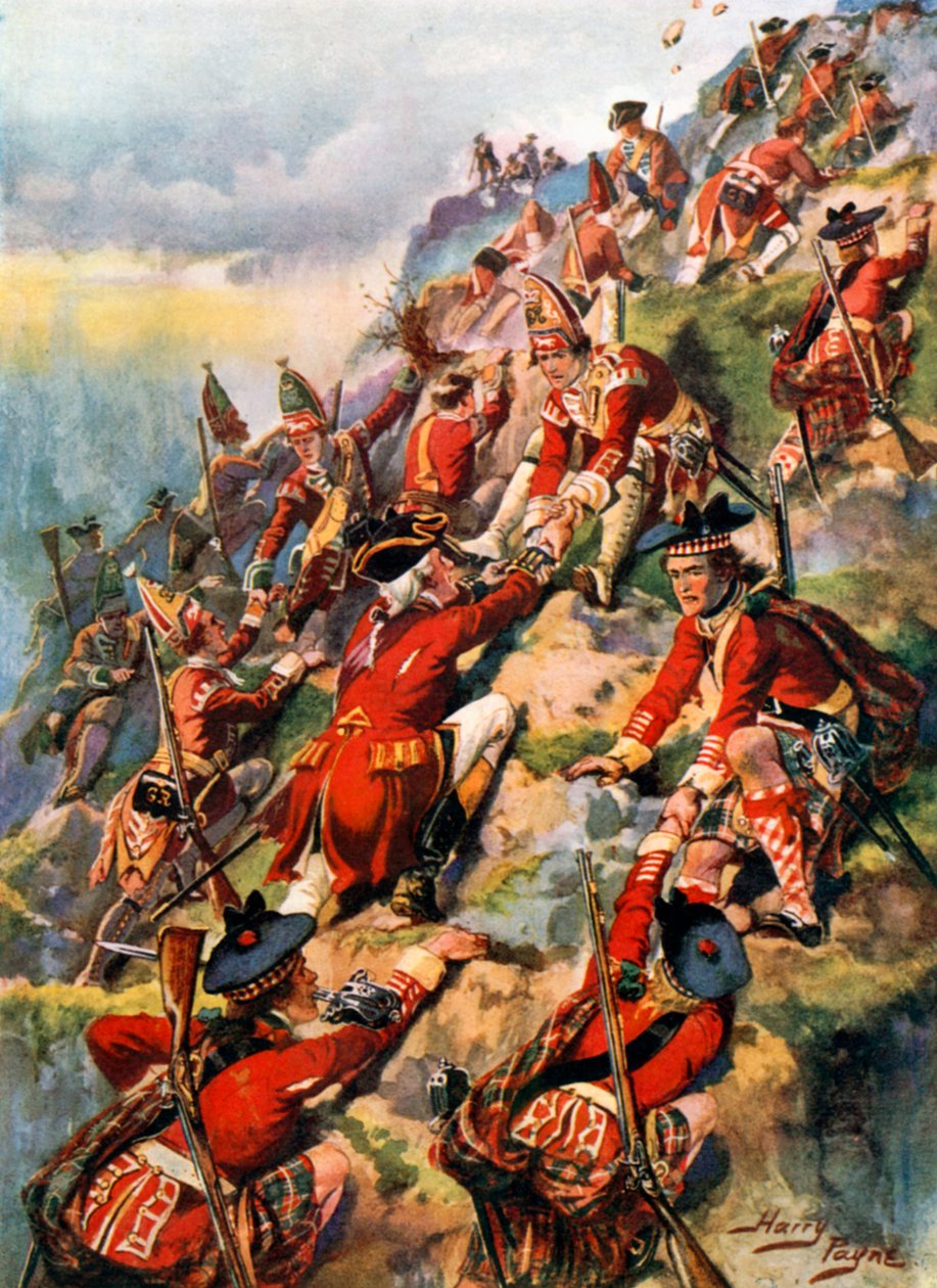Het beklimmen van de Abrahamhoogten. Slag bij Quebec (kleurenlitho) door Harry Payne