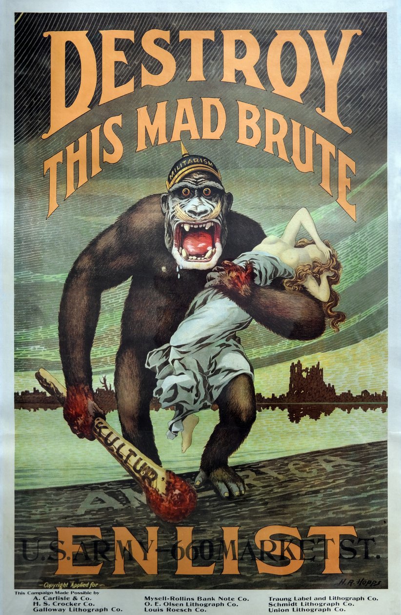 Amerikaanse militaire WW1 wervingscampagne "Vernietig dit gekke beest - Meld je aan" pub. 1917 door Harry R. Hopps