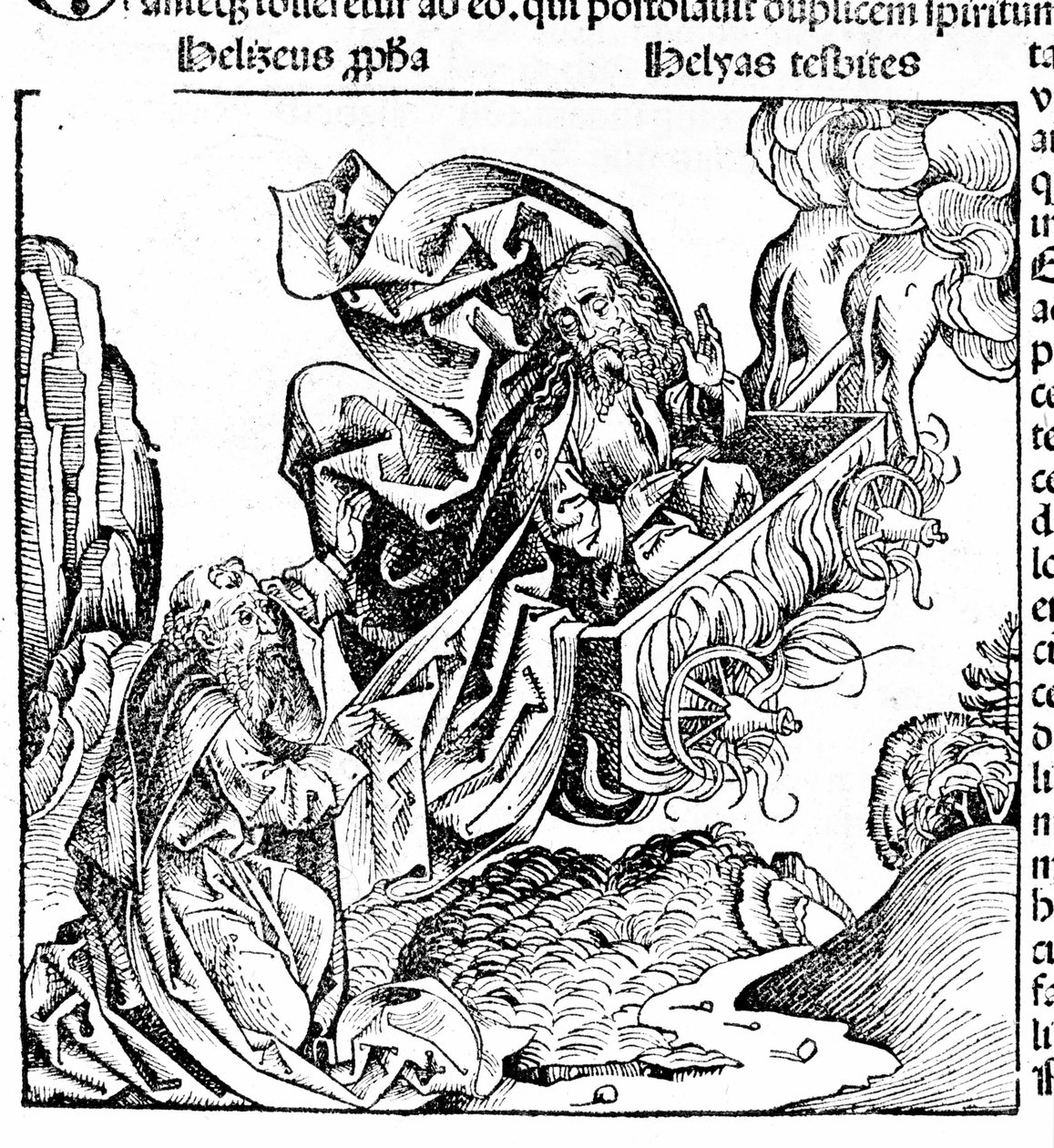 Elia stijgt op in een vurige wagen, zijn landgoed achterlatend aan Elisa. Hartmann Schedel: Kroniek van Neurenberg. Neurenberg 1497 door Hartmann Schedel